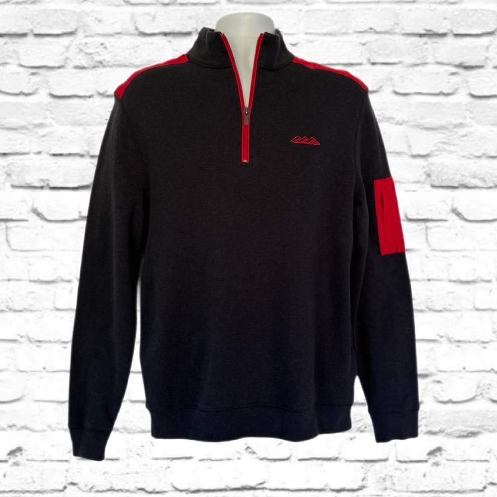 Bugatchi Uomo 1/4 Zip Pullover Sweater Black Red Embroidered Logo Men’s Medium